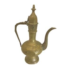 Vintage etched brass Ewer with floral motif - Made in India - c.1960s